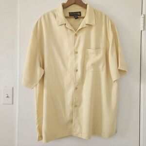 Nat Nast Mens Shirt L Silk Butter Yellow Bowling Camp Vented VTG Stitching Retro